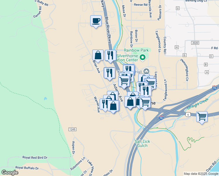 map of restaurants, bars, coffee shops, grocery stores, and more near 381 Adams Avenue in Silverthorne