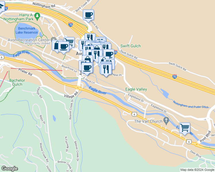 map of restaurants, bars, coffee shops, grocery stores, and more near 205 East Hurd Lane in Avon