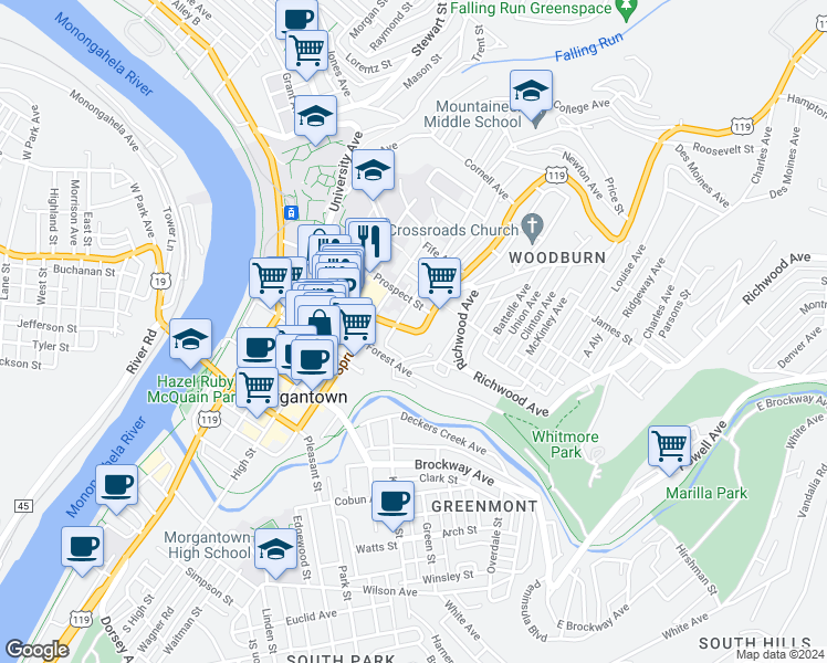 map of restaurants, bars, coffee shops, grocery stores, and more near 407 Willey Street in Morgantown
