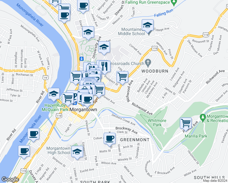 map of restaurants, bars, coffee shops, grocery stores, and more near 407 Willey Street in Morgantown