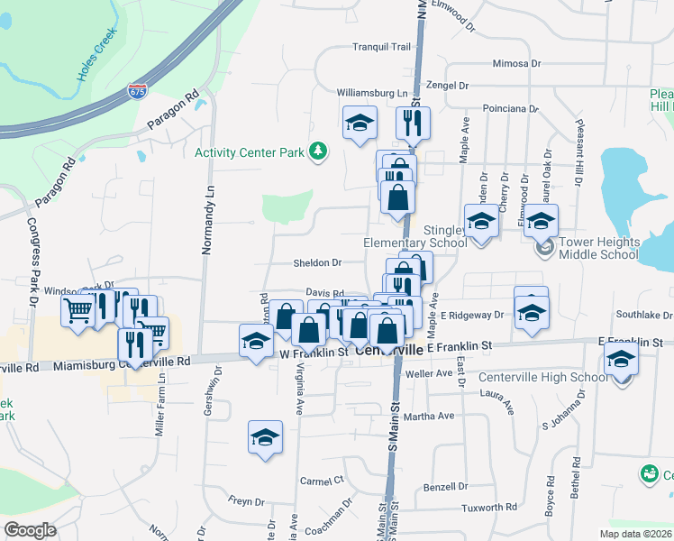 map of restaurants, bars, coffee shops, grocery stores, and more near 90 Sheldon Drive in Centerville