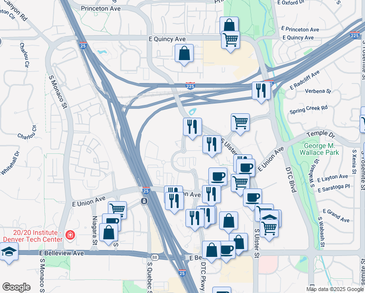 map of restaurants, bars, coffee shops, grocery stores, and more near 7505 Technology Way in Denver