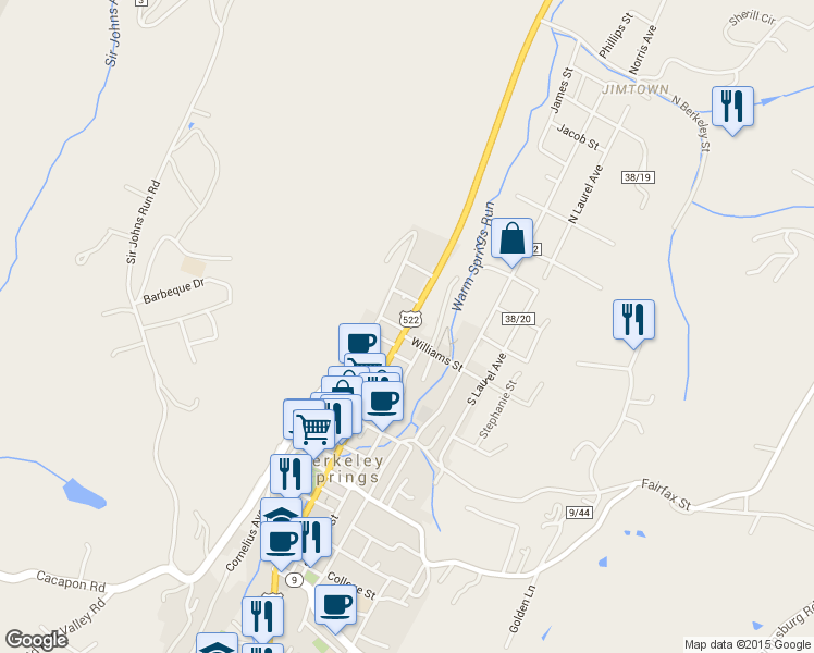 map of restaurants, bars, coffee shops, grocery stores, and more near 501 Route 522 in Berkeley Springs