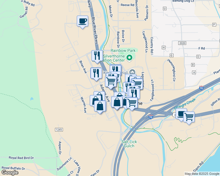 map of restaurants, bars, coffee shops, grocery stores, and more near 347 Colorado 9 in Silverthorne