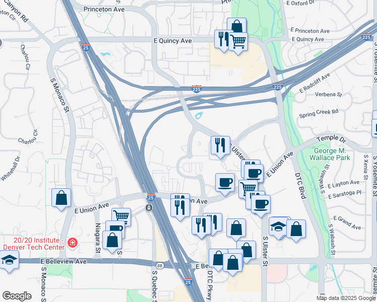 map of restaurants, bars, coffee shops, grocery stores, and more near 7505 Technology Way in Denver