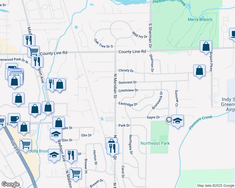 map of restaurants, bars, coffee shops, grocery stores, and more near 645 North Meridian Street in Greenwood
