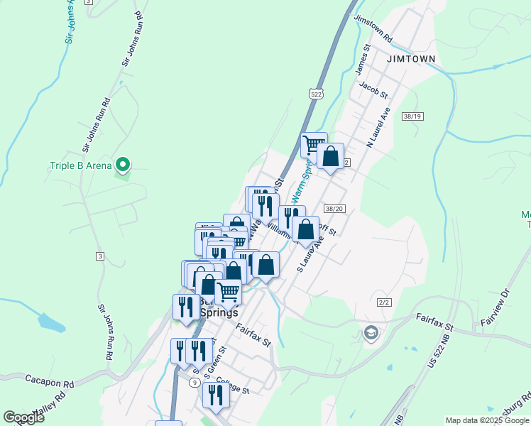 map of restaurants, bars, coffee shops, grocery stores, and more near 518 North Washington Street in Berkeley Springs