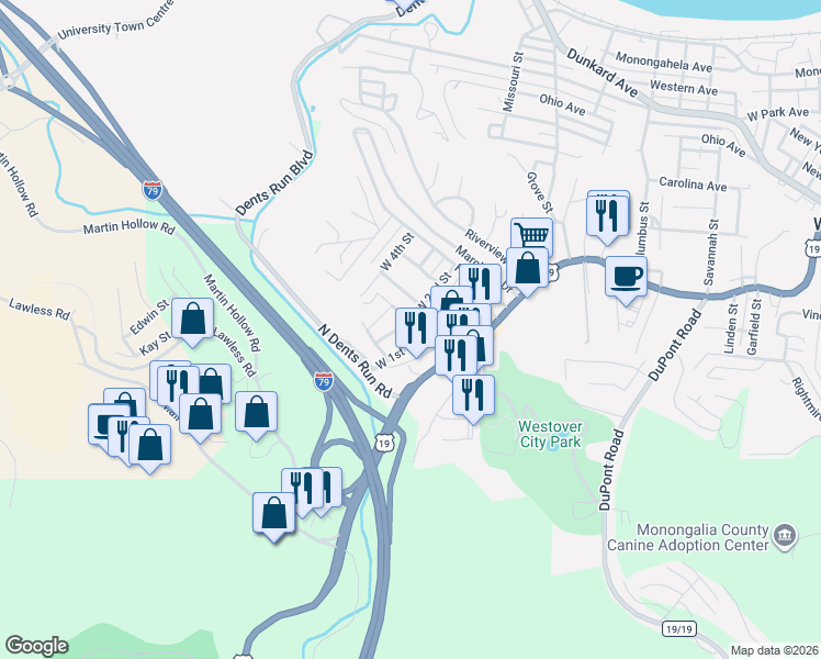 map of restaurants, bars, coffee shops, grocery stores, and more near 30 West 2nd Street in Westover