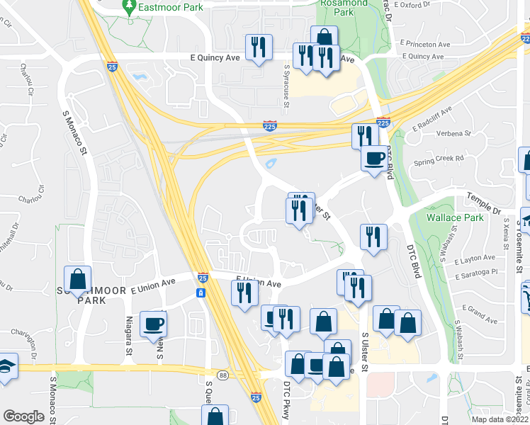map of restaurants, bars, coffee shops, grocery stores, and more near 7510 East Technology Way in Denver