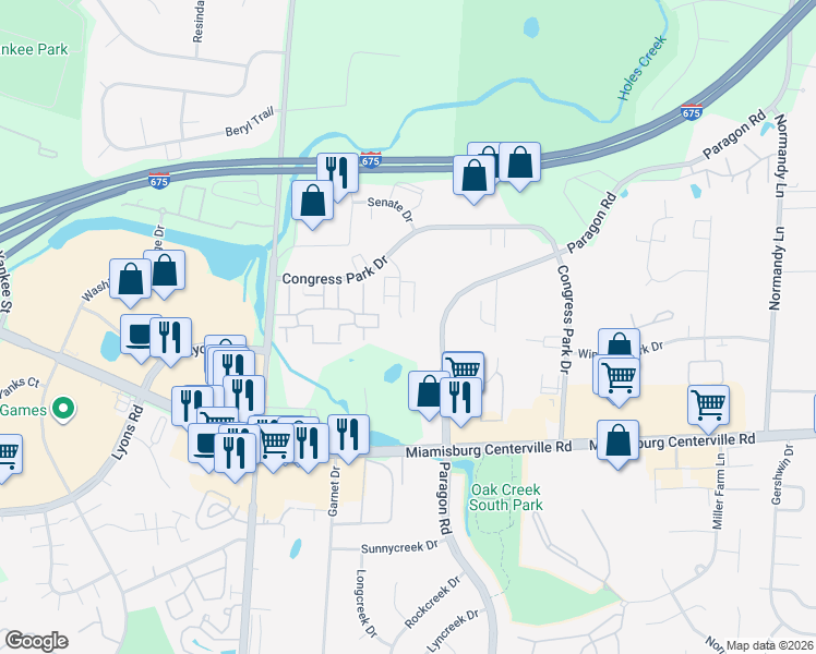 map of restaurants, bars, coffee shops, grocery stores, and more near 7836 Betsy Ross Circle in Dayton