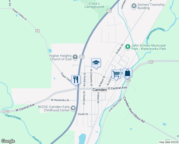 map of restaurants, bars, coffee shops, grocery stores, and more near 132 North Liberty Street in Camden