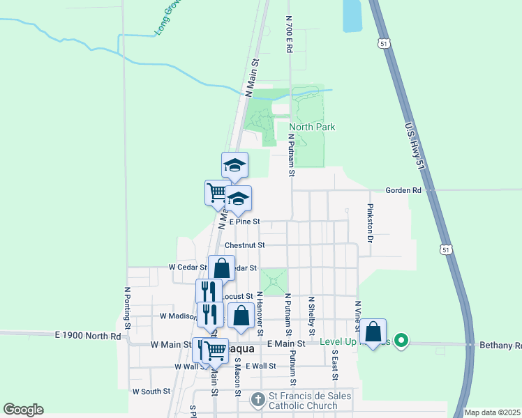 map of restaurants, bars, coffee shops, grocery stores, and more near 221 East Pine Street in Moweaqua