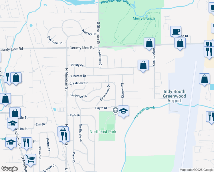 map of restaurants, bars, coffee shops, grocery stores, and more near 129 Brunswick Drive in Greenwood