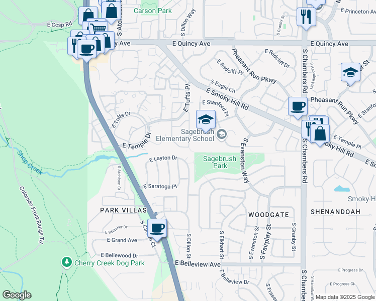map of restaurants, bars, coffee shops, grocery stores, and more near 4696 South Dillon Court in Aurora
