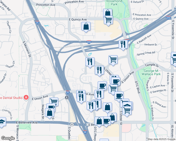 map of restaurants, bars, coffee shops, grocery stores, and more near 7510 East Technology Way in Denver