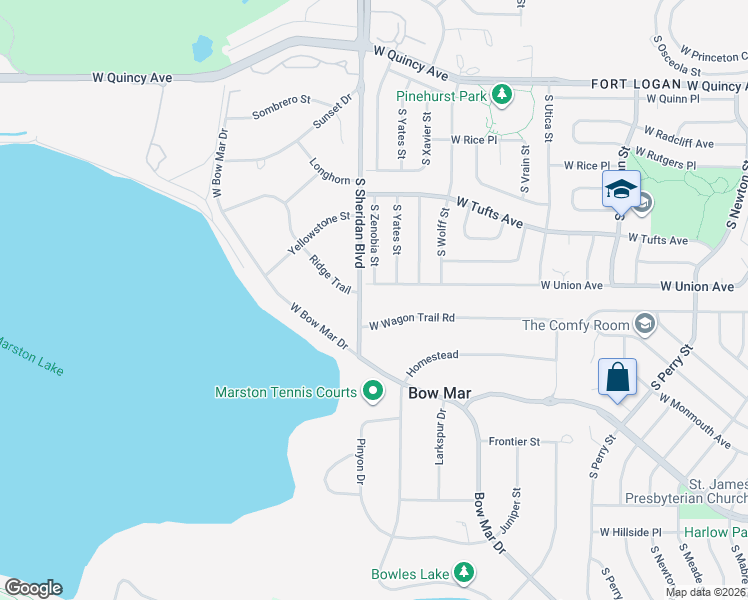 map of restaurants, bars, coffee shops, grocery stores, and more near 5052 West Union Avenue in Denver