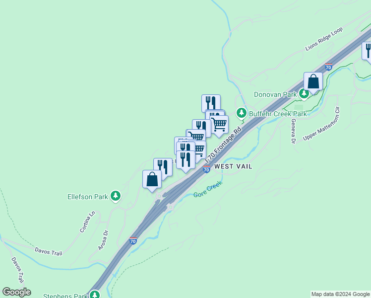 map of restaurants, bars, coffee shops, grocery stores, and more near 2199 Saint Moritz Way in Vail