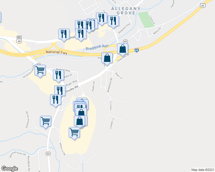map of restaurants, bars, coffee shops, grocery stores, and more near 12 Clubhouse Road in La Vale