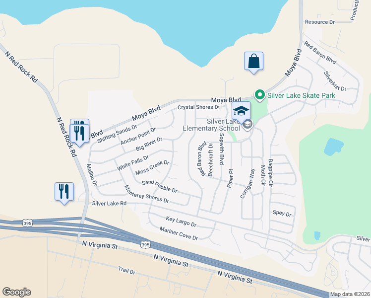 map of restaurants, bars, coffee shops, grocery stores, and more near 8657 Silver Shores Drive in Reno