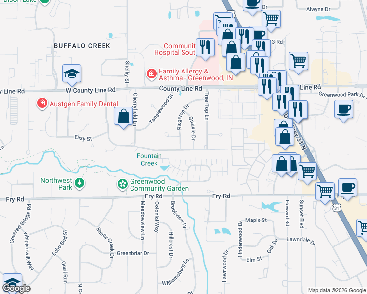map of restaurants, bars, coffee shops, grocery stores, and more near 964 Rolling Hill Road in Greenwood