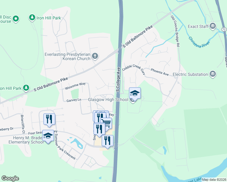 map of restaurants, bars, coffee shops, grocery stores, and more near 1808 South College Avenue in Newark