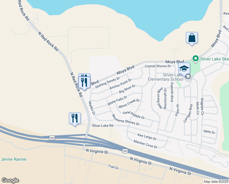 map of restaurants, bars, coffee shops, grocery stores, and more near 8101 Big River Drive in Reno