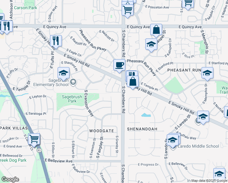 map of restaurants, bars, coffee shops, grocery stores, and more near 221 South Granby Way in Aurora