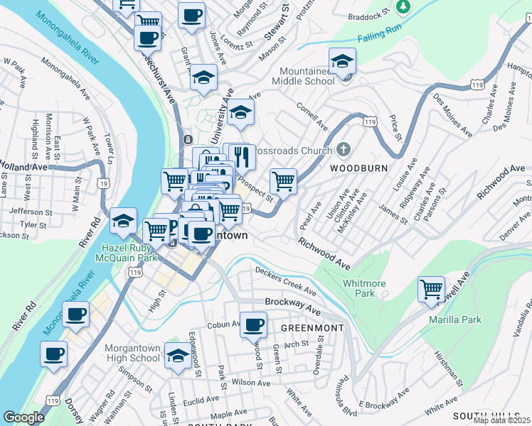 map of restaurants, bars, coffee shops, grocery stores, and more near 407 Willey Street in Morgantown