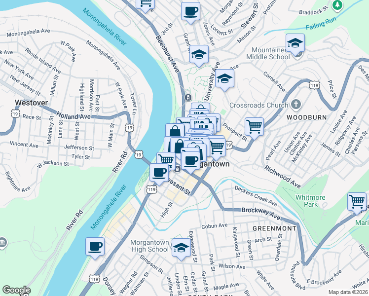 map of restaurants, bars, coffee shops, grocery stores, and more near 145 Fayette Street in Morgantown
