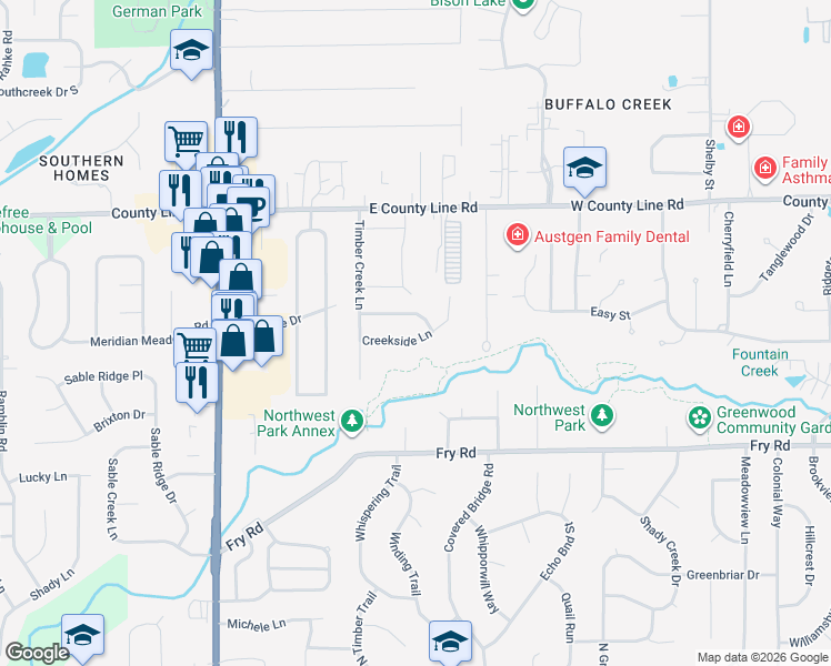 map of restaurants, bars, coffee shops, grocery stores, and more near 1510 Creekside Lane in Greenwood
