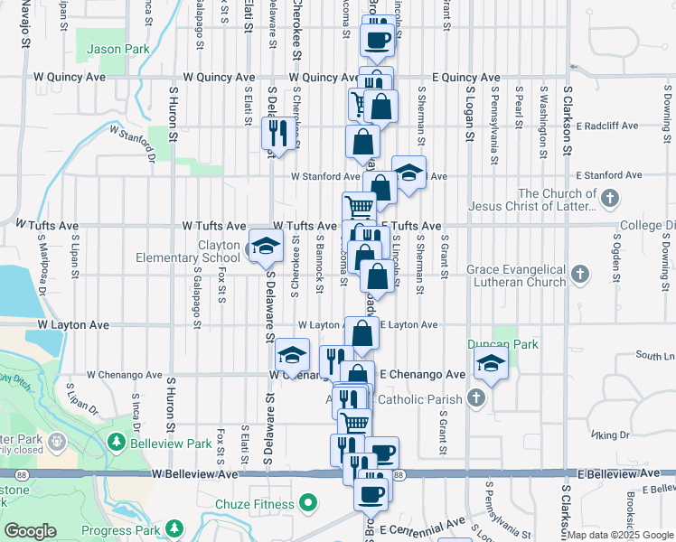 map of restaurants, bars, coffee shops, grocery stores, and more near 4695 South Acoma Street in Englewood