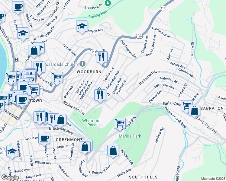 map of restaurants, bars, coffee shops, grocery stores, and more near 819-821 Charles Avenue in Morgantown