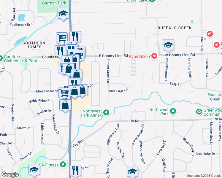 map of restaurants, bars, coffee shops, grocery stores, and more near 1546 Creekside Lane in Greenwood