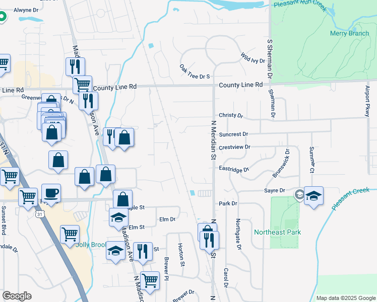 map of restaurants, bars, coffee shops, grocery stores, and more near 117 Greenwood Trail North Drive in Greenwood