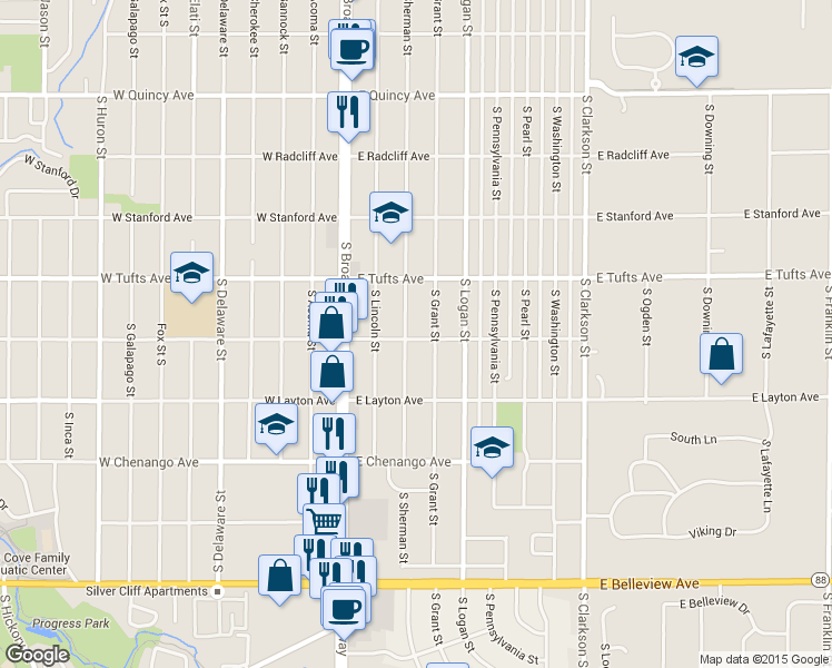 map of restaurants, bars, coffee shops, grocery stores, and more near 4696 South Sherman Street in Englewood