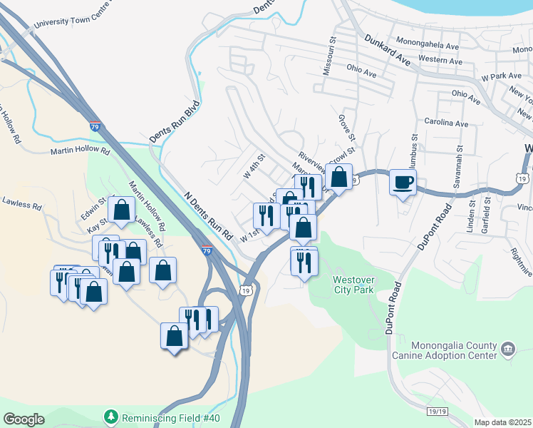 map of restaurants, bars, coffee shops, grocery stores, and more near 101 Lough Street in Westover