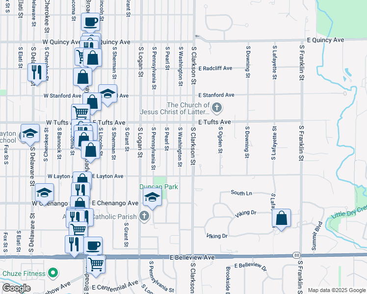map of restaurants, bars, coffee shops, grocery stores, and more near 4695 South Clarkson Street in Englewood
