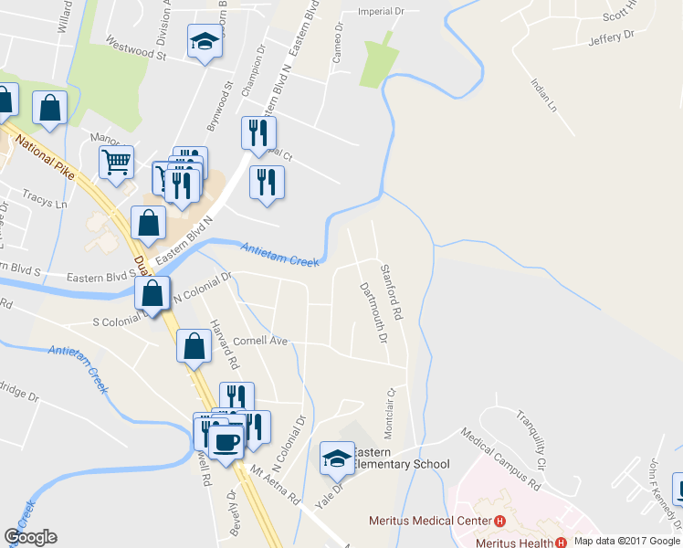 map of restaurants, bars, coffee shops, grocery stores, and more near 46 Stanford Road in Hagerstown