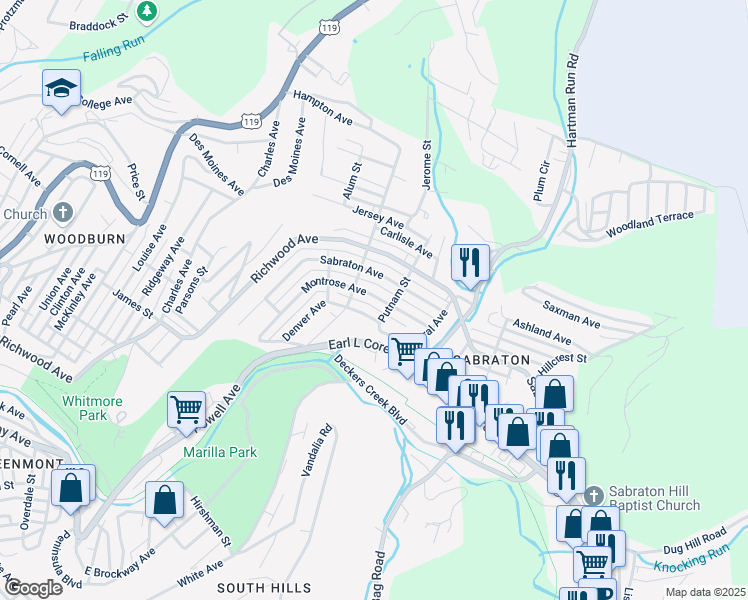 map of restaurants, bars, coffee shops, grocery stores, and more near 1264 Montrose Avenue in Morgantown