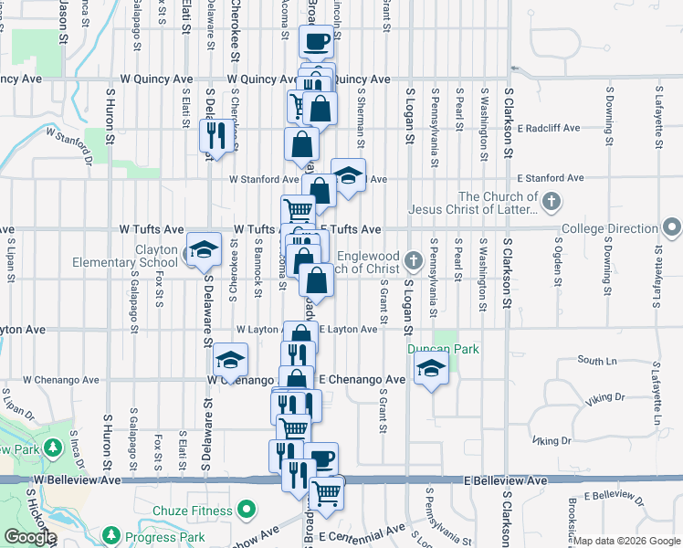 map of restaurants, bars, coffee shops, grocery stores, and more near 4690 South Lincoln Street in Englewood