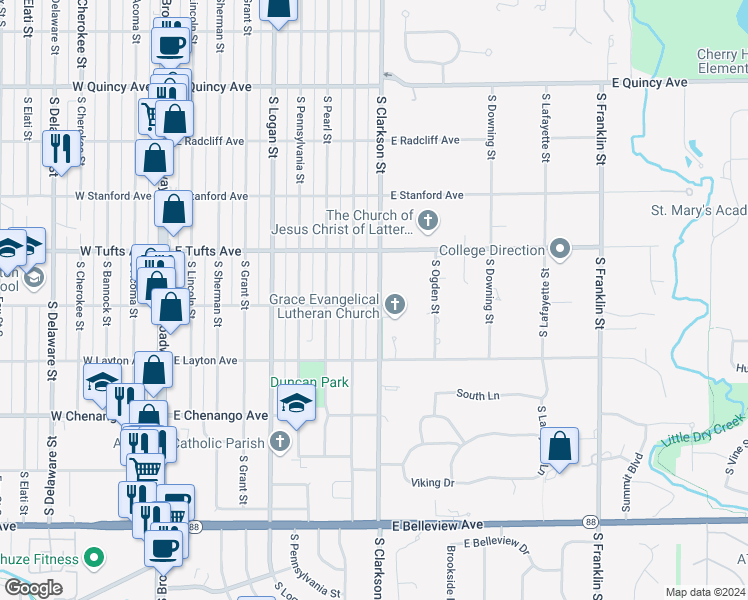 map of restaurants, bars, coffee shops, grocery stores, and more near 4695 South Clarkson Street in Englewood