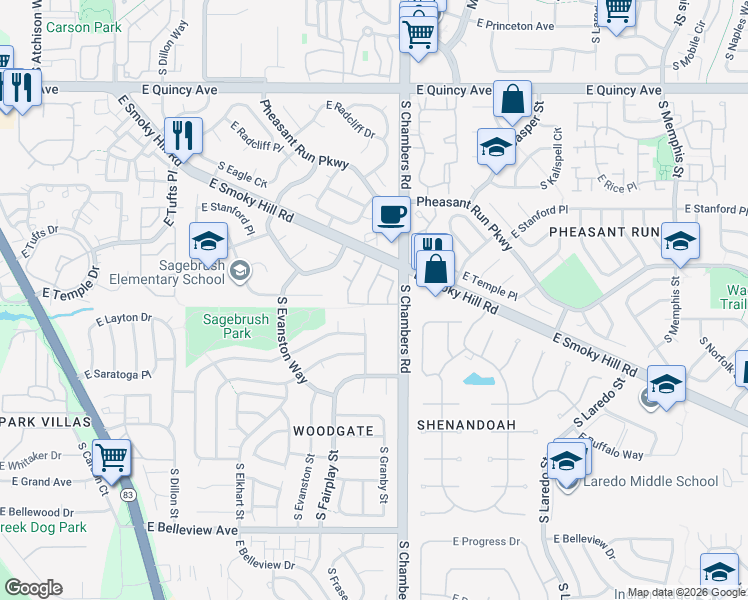 map of restaurants, bars, coffee shops, grocery stores, and more near 221 South Granby Way in Aurora