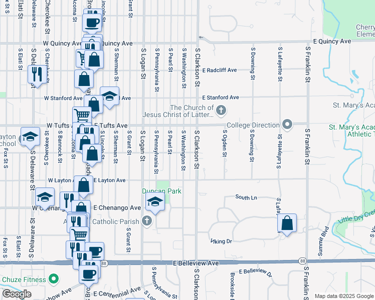 map of restaurants, bars, coffee shops, grocery stores, and more near 4695 South Clarkson Street in Englewood