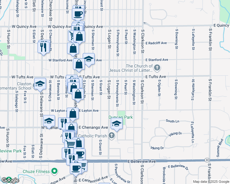 map of restaurants, bars, coffee shops, grocery stores, and more near 4690 South Pennsylvania Street in Englewood
