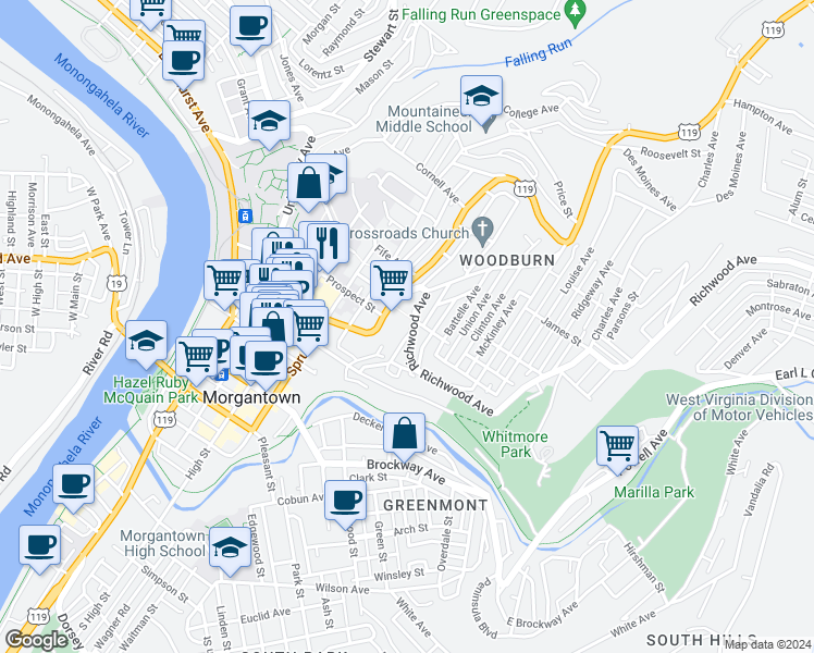 map of restaurants, bars, coffee shops, grocery stores, and more near 549 Locust Avenue in Morgantown