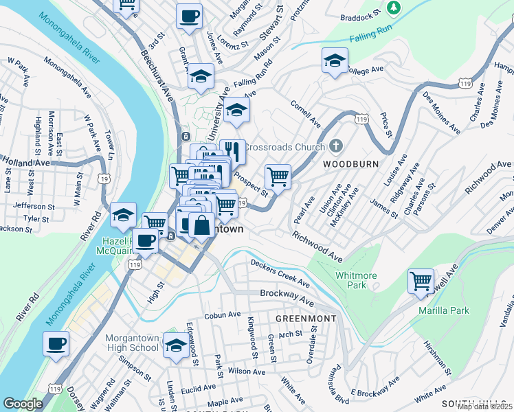 map of restaurants, bars, coffee shops, grocery stores, and more near 407 Willey Street in Morgantown