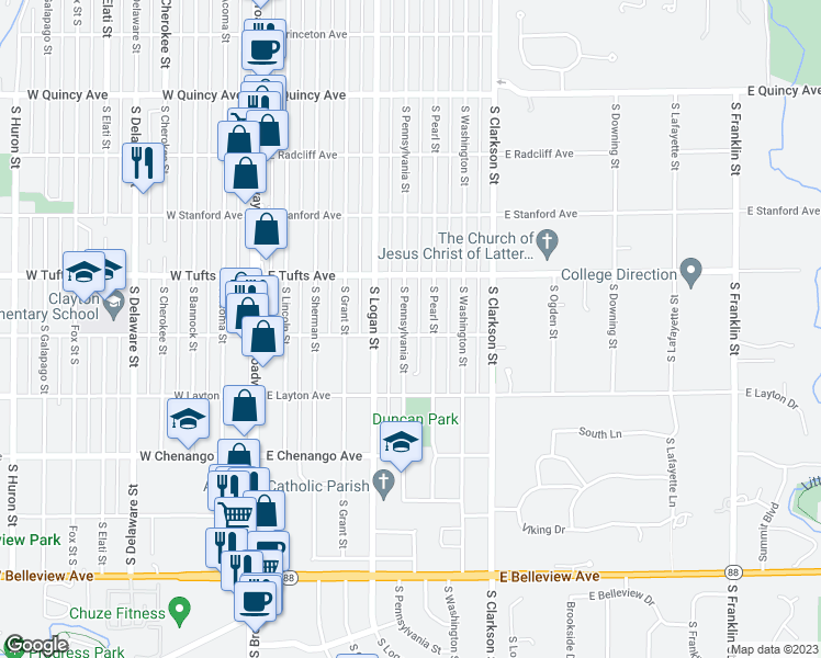 map of restaurants, bars, coffee shops, grocery stores, and more near 4690 South Pennsylvania Street in Englewood