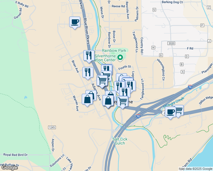 map of restaurants, bars, coffee shops, grocery stores, and more near 354 Blue River Parkway in Silverthorne