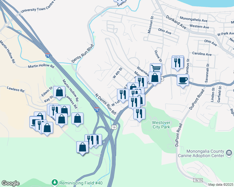 map of restaurants, bars, coffee shops, grocery stores, and more near 30 West 2nd Street in Westover