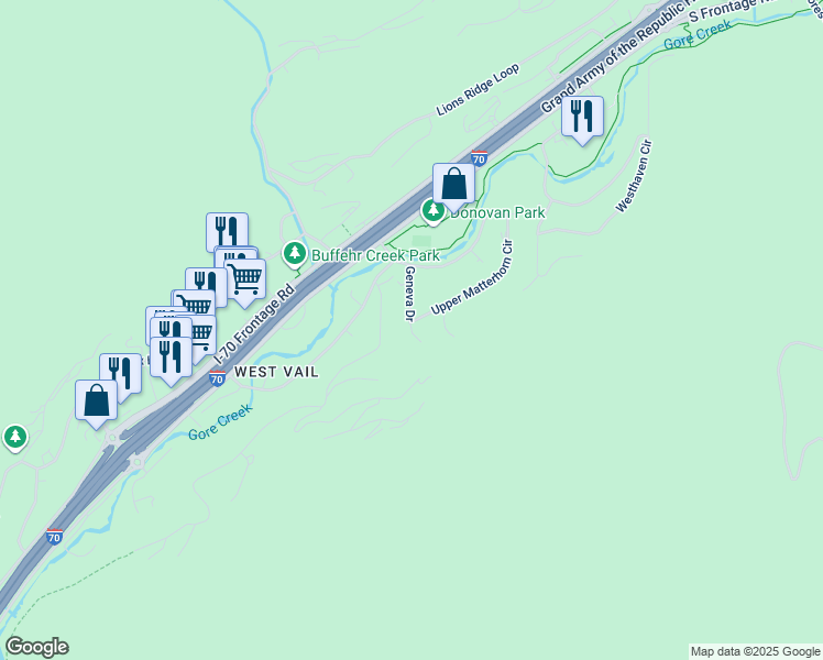 map of restaurants, bars, coffee shops, grocery stores, and more near 1714 Geneva Drive in Vail